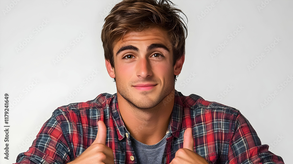 Portrait of a Confident Young Man Giving Two Thumbs Up with Plaid Shirt Against a Neutral Background Portrait of a Confident Young Man Giving Two Thumbs Up with Plaid Shirt Against a Neutral Background