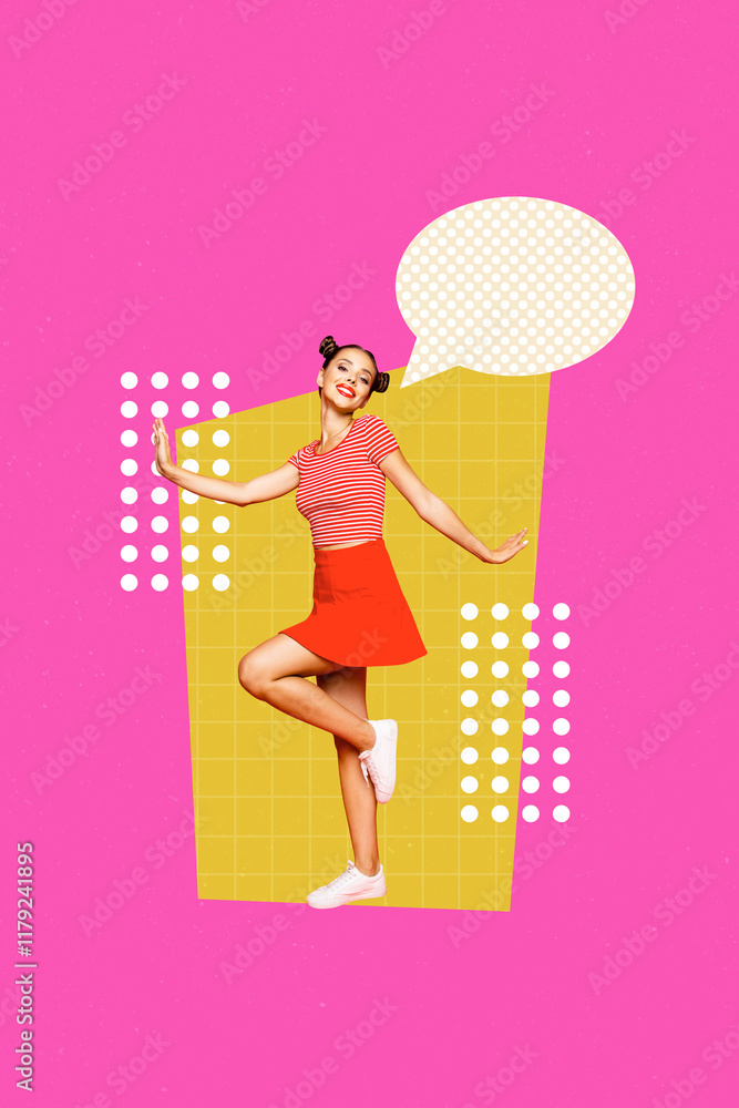 Poster image vertical photo collage of happy hipster girl dance bubble speech communication icon chat talk conversation phrase Poster image vertical photo collage of happy hipster girl dance bubble speech communication icon chat talk conversation phrase