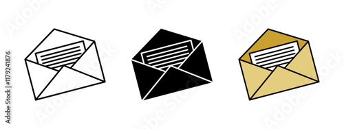 Envelope letter icon. Open mail vector illustration. Post message symbol. Open mailbox sign. Inbox newsletter pictogram. Postal communication concept isolated. Paper bills and correspondence documents