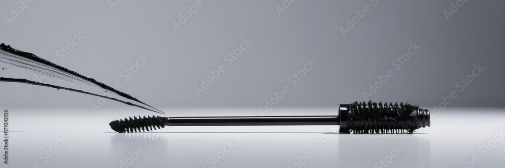 Black mascara with a sleek brush placed on a reflective surface, alongside bold mascara smears on a white textured background. Beauty and fashion copy space background Black mascara with a sleek brush placed on a reflective surface, alongside bold mascara smears on a white textured background. Beauty and fashion copy space background