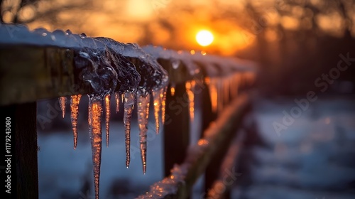 Fototapeta Naklejka Na Ścianę i Meble -  A photo of a sunrise over a frosty meadow with glistening icicles hanging from branches. 