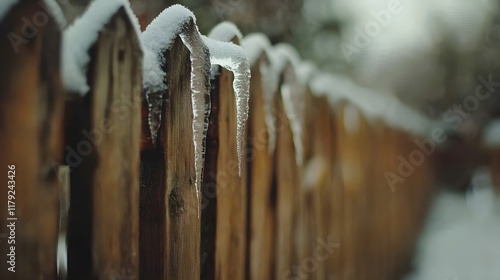 Fototapeta Naklejka Na Ścianę i Meble -  A photo of a sunrise over a frosty meadow with glistening icicles hanging from branches. 