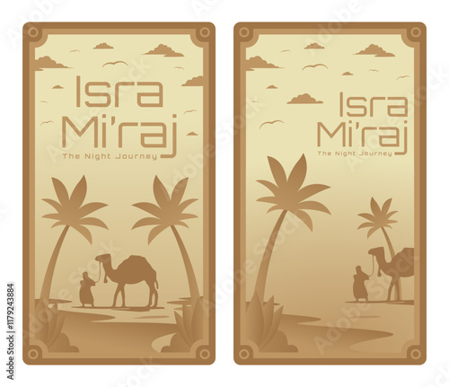 flat design Isra Miraj with man and camel illustration, the night journey prophet Muhammad, background.