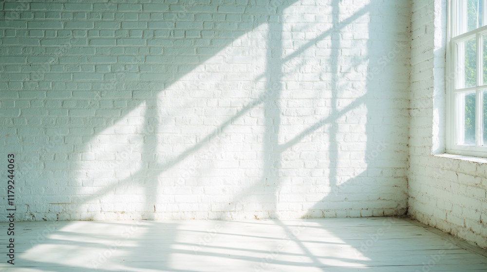 Obraz premium Sunlight streams through large windows in an empty white brick room, creating gentle shadows on the floor and walls