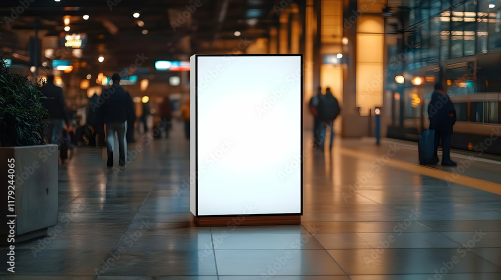 Blank Vertical Billboard Stands in Busy Transportation Hub at Night, Displaying White Advertisement Space. Blank Vertical Billboard Stands in Busy Transportation Hub at Night, Displaying White Advertisement Space.