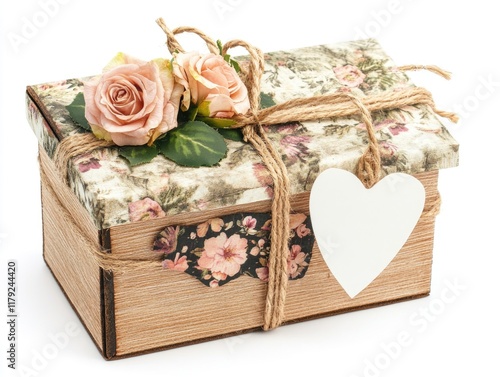 Handmade gift box with floral design and decorative rope on white background with blank tag and wooden heart, vintage boho style with woman writing. photo