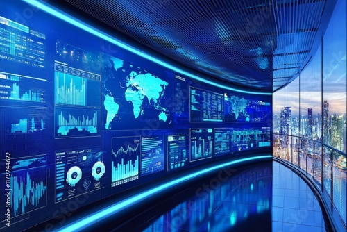 Wallpaper Mural Room with high-tech digital screens displaying global data and analytics. Torontodigital.ca