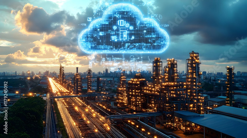 Industrial Plant with Cloud Computing at Sunset Shows Automation and Innovation in Manufacturing