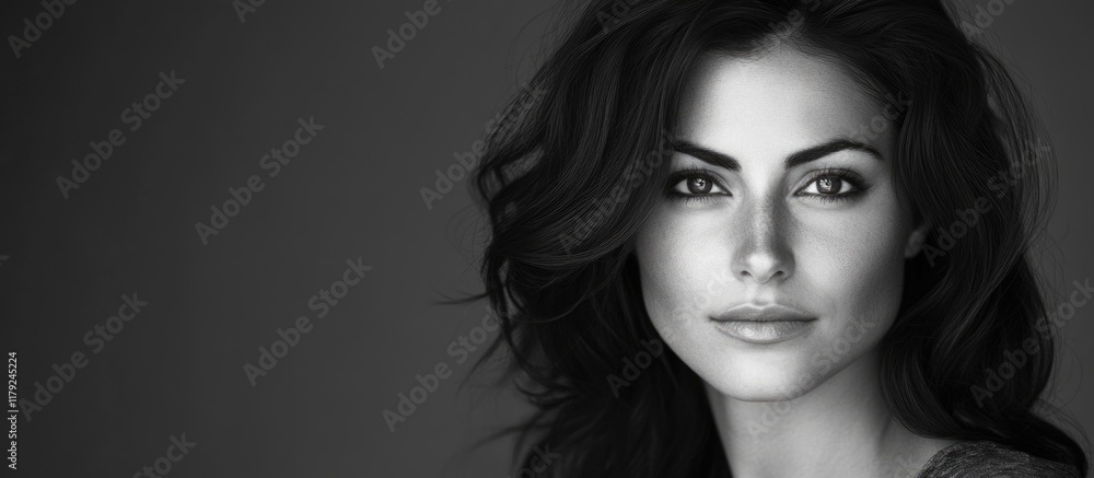 Elegant black and white portrait of a beautiful brunette woman with long hair and soft skin tones featuring large empty copy space for text. Elegant black and white portrait of a beautiful brunette woman with long hair and soft skin tones featuring large empty copy space for text.