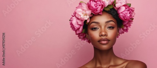 Elegant black woman adorned with vibrant pink flower crown against soft pink backdrop, showcasing beauty and nature with ample copyspace for text. photo