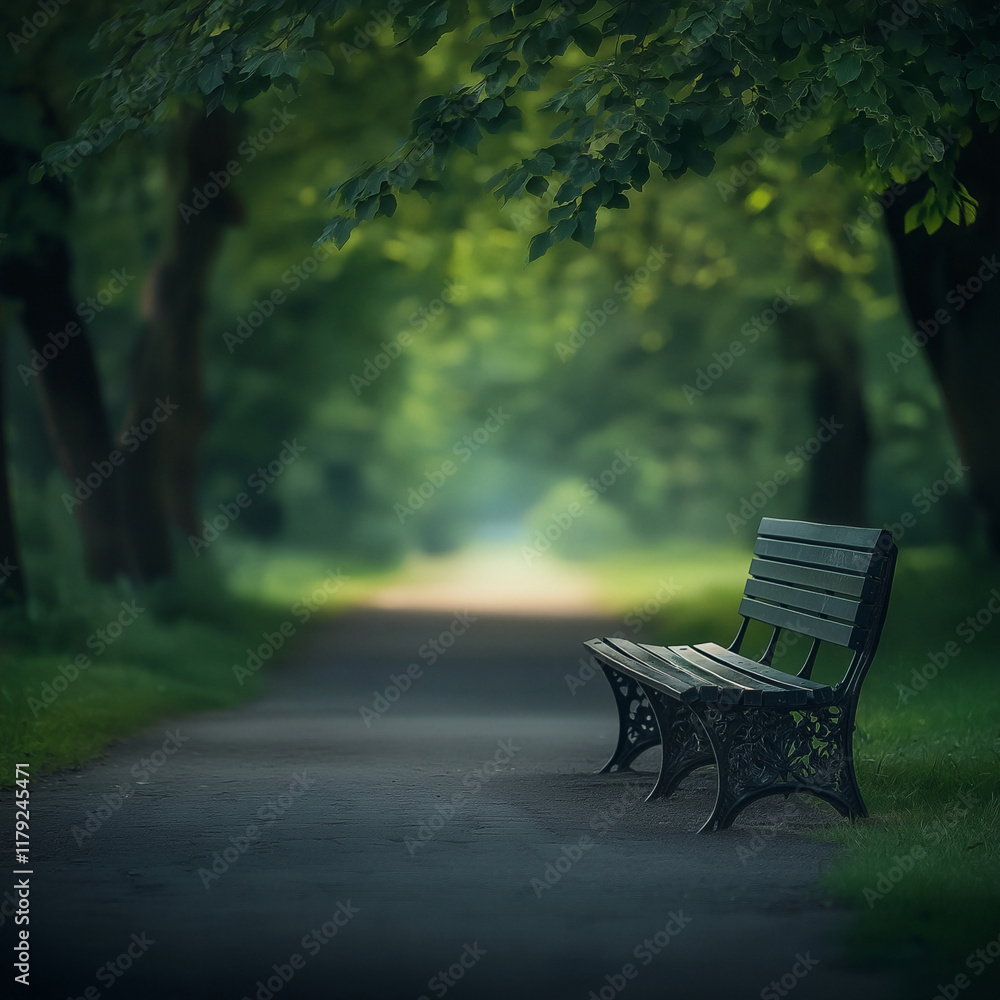 Empty Bench in Serene Forest Pathway Capturing Solitude and Tranquility Empty Bench in Serene Forest Pathway Capturing Solitude and Tranquility