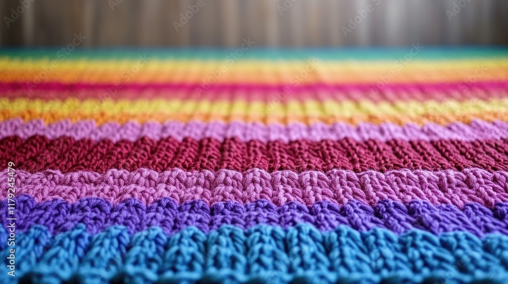Fototapeta premium Vibrant multicolored knitted textile with horizontal stripes in red, pink, purple, blue, and yellow creating a cozy and inviting texture backdrop.
