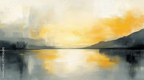 Abstract Landscape Painting Of Sunset Over Still Water