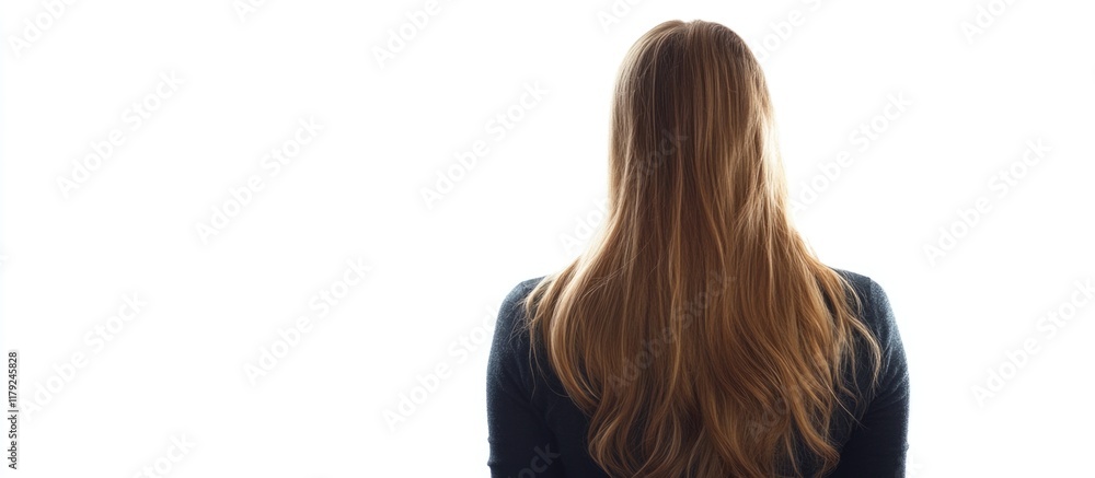 Naklejka premium Calm Caucasian woman with long light blonde hair in black top facing blank white background providing ample empty space for customization