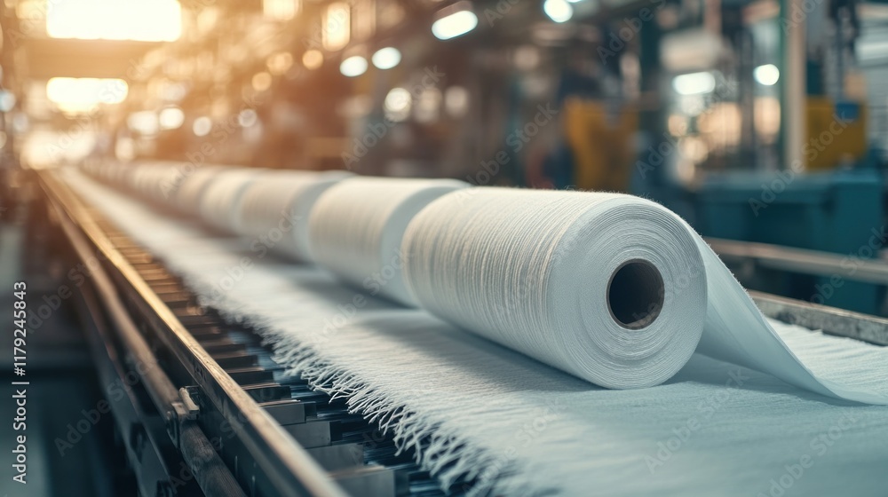 Rolls of textile fabric moving on a conveyor belt in a factory.