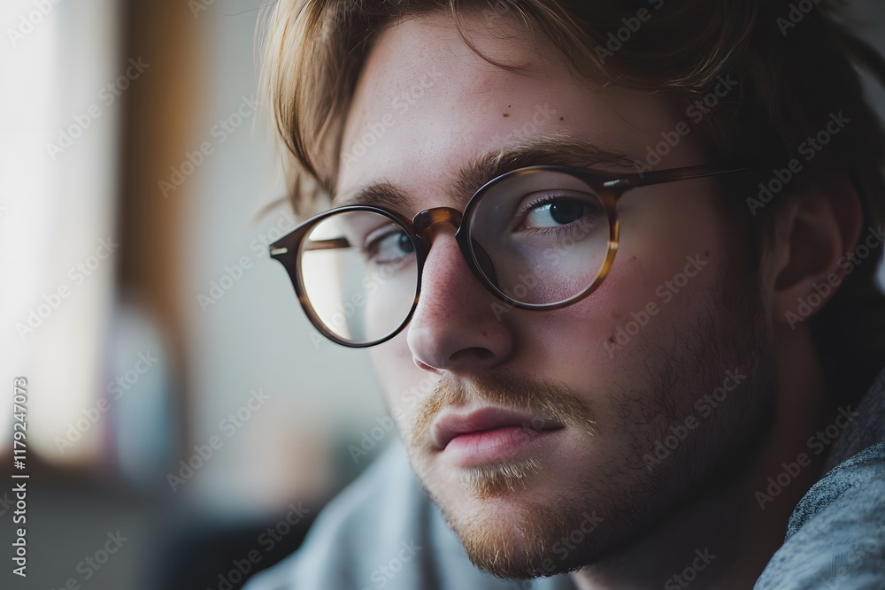 Young man with glasses gazes pensively while sitting in a warm, cozy room Young man with glasses gazes pensively while sitting in a warm, cozy room