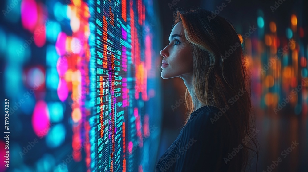 Woman Gazing at Futuristic Data Display Woman Gazing at Futuristic Data Display