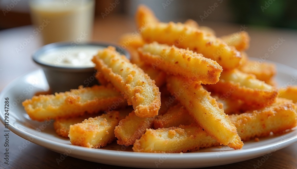 Close-up of crispy golden pickle fries with seasoned batter and creamy ranch sauce on a white plate