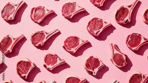 Raw Lamb Chops Flat Lay Pattern on Pink Background. photo