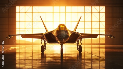 Stealth fighter jet in hangar at sunset.