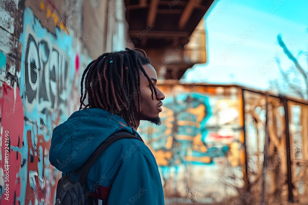 Obraz premium Urban exploration showcases a man with dreadlocks amid vibrant graffiti at a derelict site