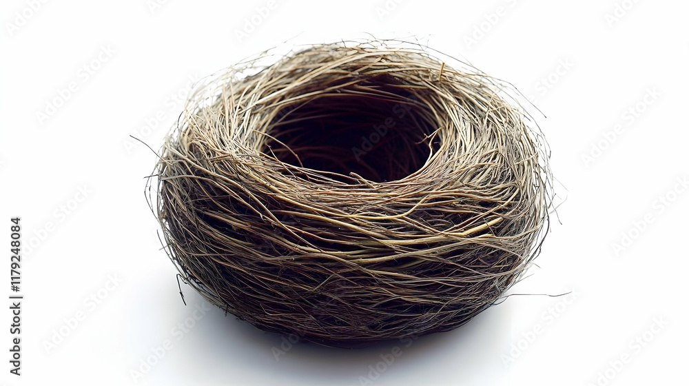 Empty Bird Nest Crafted from Interwoven Twigs on White Background Empty Bird Nest Crafted from Interwoven Twigs on White Background
