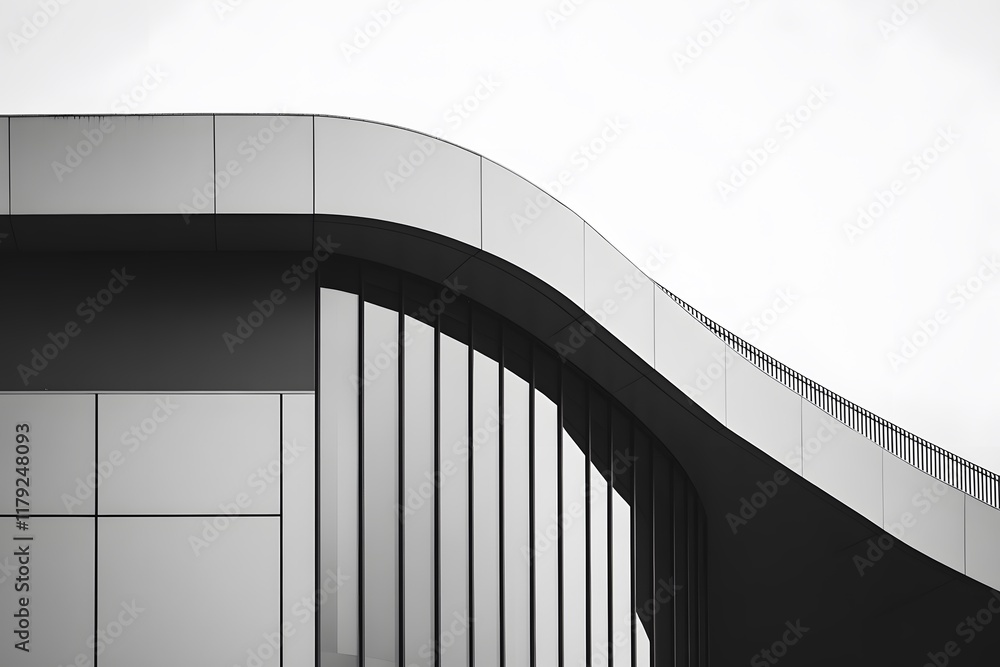 Obraz premium Modern architecture featuring sleek curves and reflective surfaces in an urban landscape