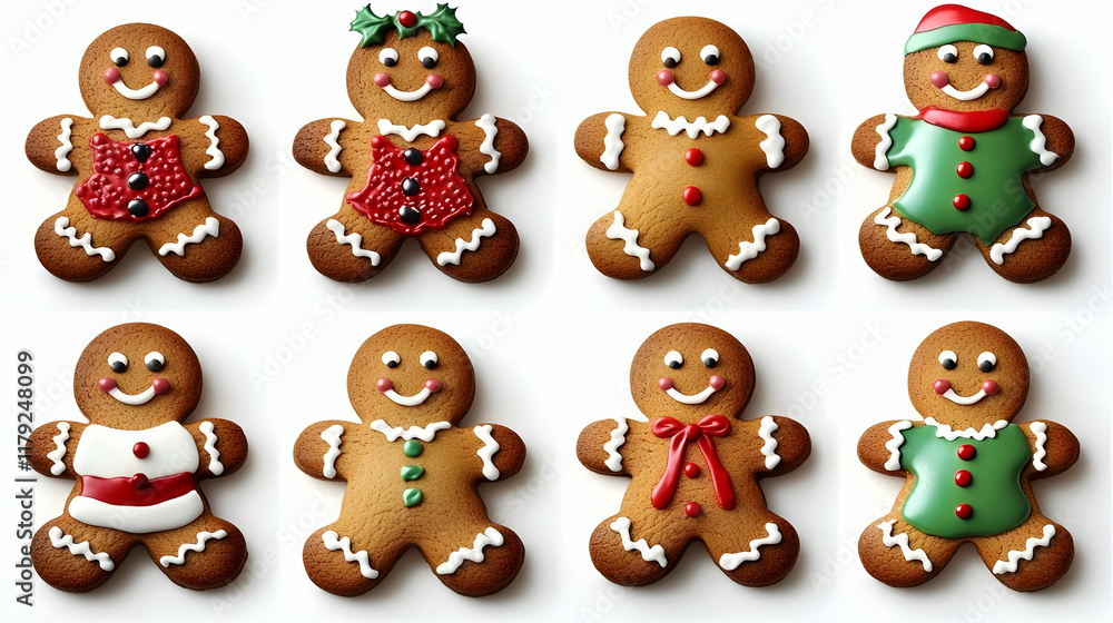 Eight Decorated Gingerbread Cookies Stand Festively on a White Background, Ready for the Holidays. Eight Decorated Gingerbread Cookies Stand Festively on a White Background, Ready for the Holidays.