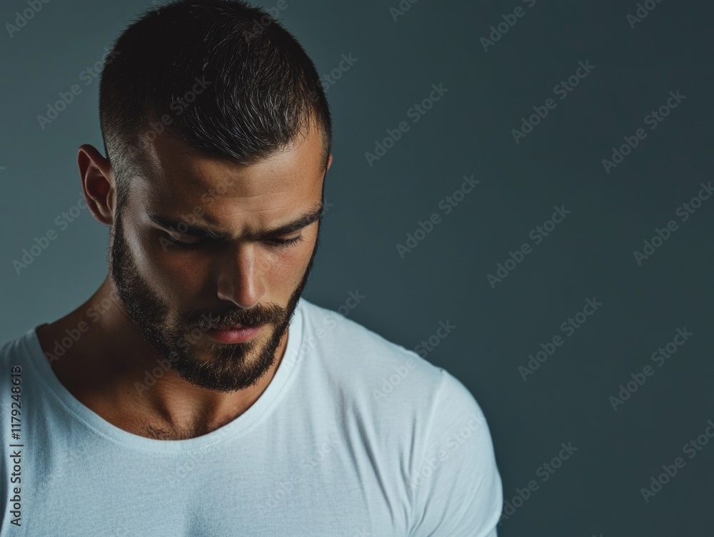 Focused young man with short dark hair and beard wearing a white shirt looking down against a smooth grey background with ample copyspace for text. Focused young man with short dark hair and beard wearing a white shirt looking down against a smooth grey background with ample copyspace for text.