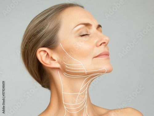 Facial and Neck Skin Aging of 60-Year-Old Biologically Mature Woman Against Light Gray Background with Visible Neck Wrinkles and Copyspace for Text photo