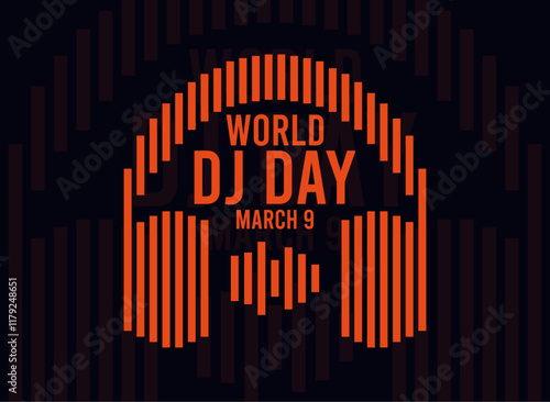 World DJ Day. March 9. Striped headset icon. Black background. Poster, banner, card, background.