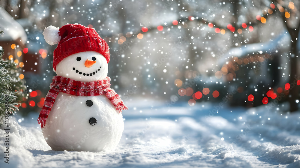 Smiling Snowman Stands in Snowy Landscape with Festive Lights and Gentle Snowfall. Smiling Snowman Stands in Snowy Landscape with Festive Lights and Gentle Snowfall.