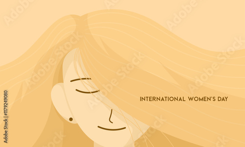 International Women's Day. March 8. Beautiful female face while closing eyes and smiling. Poster, banner, card, background.