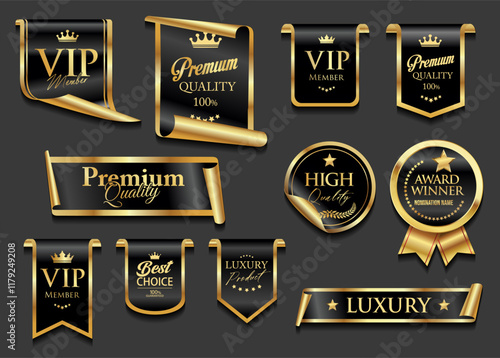 VIP and premium emblem and badges black and gold color isolated on black background illustration 