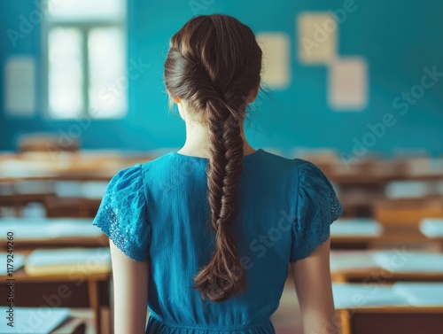 Student in blue dress with brown hair in fishtail braid standing in empty school classroom with teal walls and wooden desks pondering forgotten item