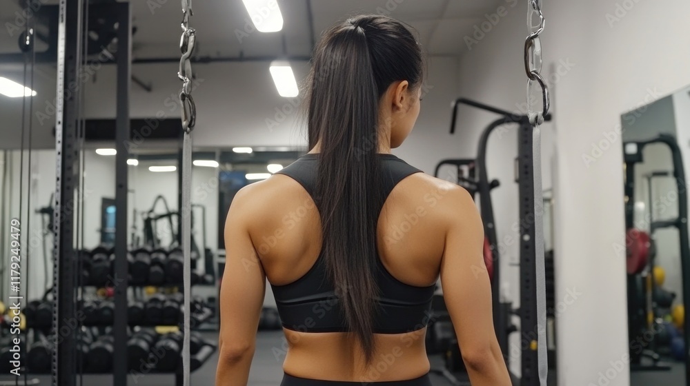 Young Asian woman performing V grip cable rows in a modern gym setting, showcasing toned back muscles with empty space for text. Young Asian woman performing V grip cable rows in a modern gym setting, showcasing toned back muscles with empty space for text.