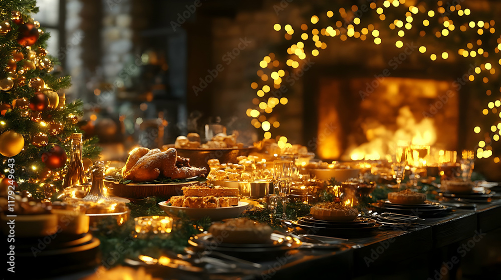 Festive Christmas Dinner Table Setting with Delicious Food and Warm Fireplace Glow Festive Christmas Dinner Table Setting with Delicious Food and Warm Fireplace Glow