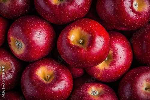 Red apples harvest close-up, dark background, food texture photo