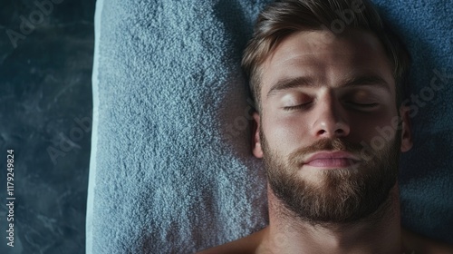Relaxing male model with unshaved beard lying on blue towel with closed eyes, professional massage therapist standing nearby in wellness spa setting