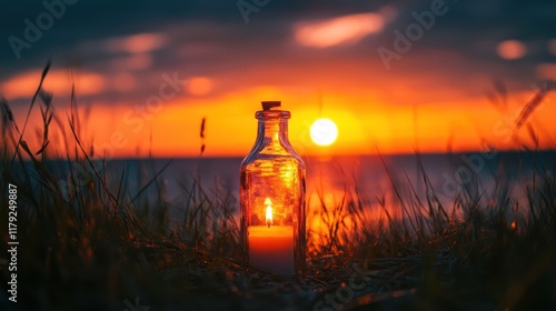 Lit candle in glass bottle at sunset beach.