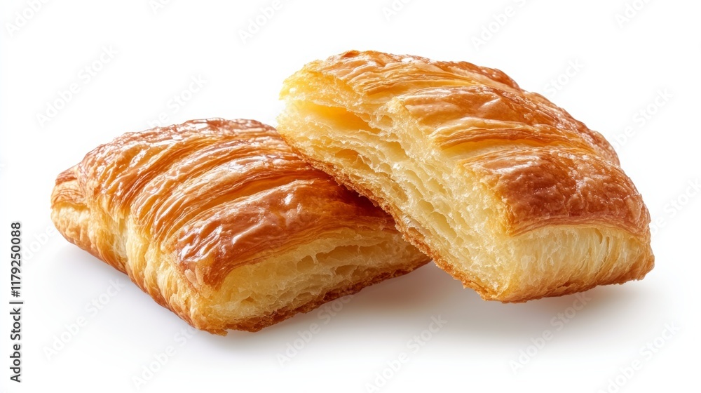 Flaky croissant displayed on a bright white background with a transparent finish Flaky croissant displayed on a bright white background with a transparent finish