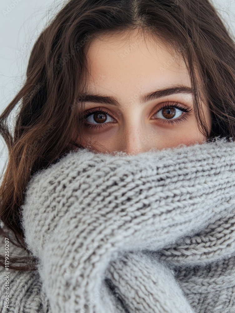 Shy young woman with long dark hair wrapped in a cozy gray scarf showcasing captivating brown eyes in a bright winter setting with ample copy space for text Shy young woman with long dark hair wrapped in a cozy gray scarf showcasing captivating brown eyes in a bright winter setting with ample copy space for text