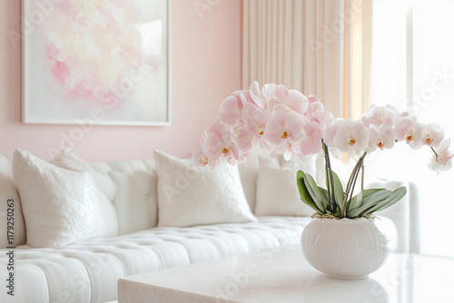 Feminine Living Room with Soft Pink Tones, Plush Sofa & Elegant Accents