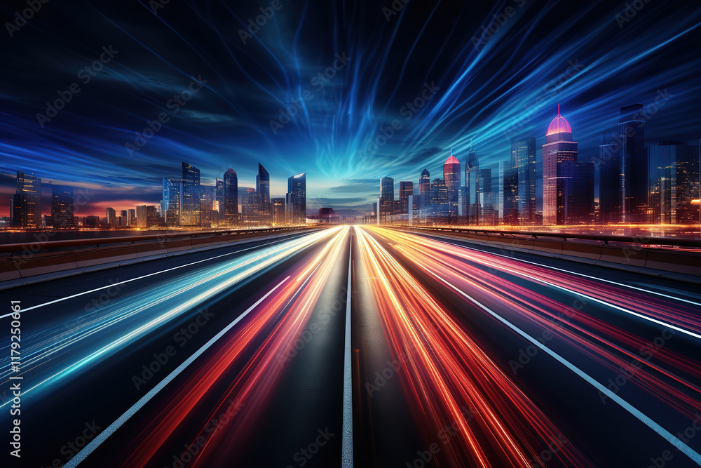 Superb Highway with motion blur and modern city at night abstract background Superb Highway with motion blur and modern city at night abstract background