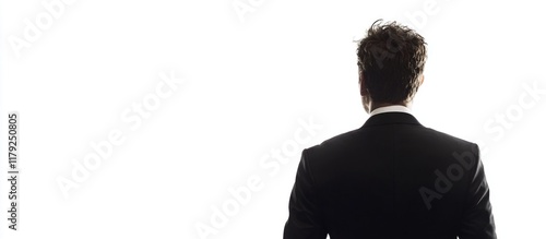 Professional Businessman in Black Suit with Upswept Hair Facing White Background, Ideal for Corporate and Marketing Contexts photo