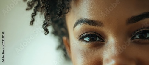 Close-up of smiling young Black woman with curly hair and expressive eyes looking flirtatiously at the camera with soft neutral background for text space photo