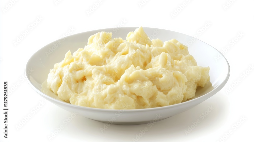 Fluffy scrambled eggs on a white plate, set against a plain white background Fluffy scrambled eggs on a white plate, set against a plain white background