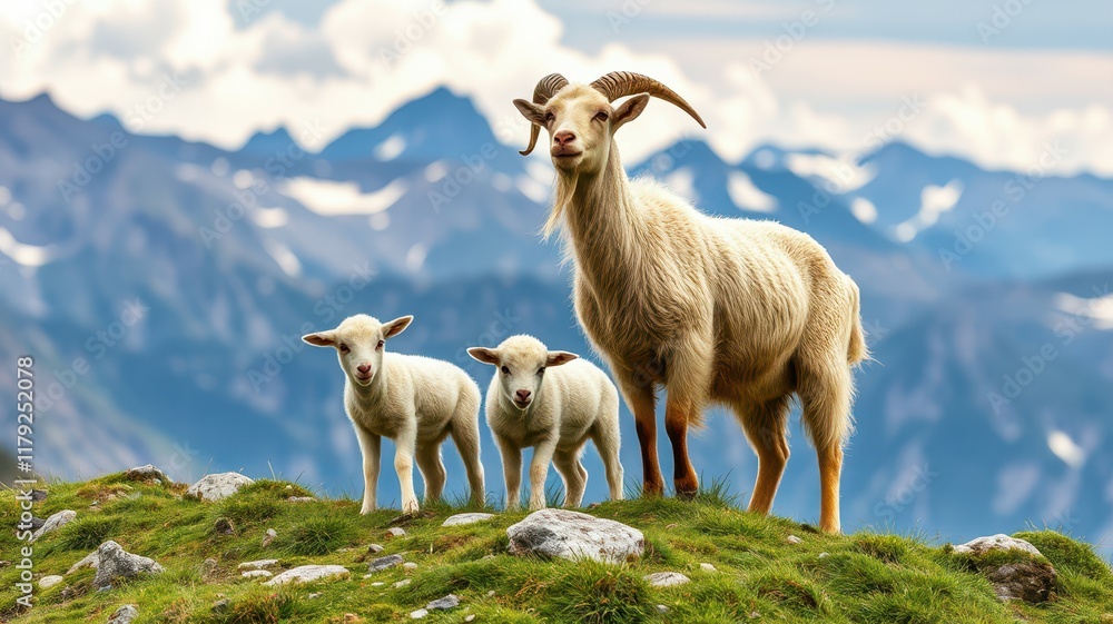 Naklejka premium Two lambs play beside a mountain goat in the picturesque landscape of the Alps during a bright sunny day