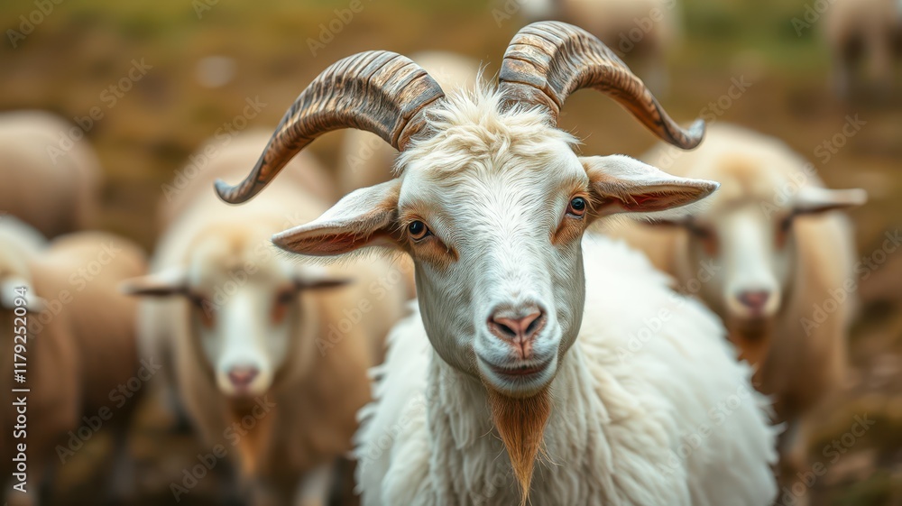 Curly-horned goat stands out among a herd in a pastoral setting during afternoon light Curly-horned goat stands out among a herd in a pastoral setting during afternoon light