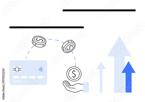 Credit card with coins transferring into an open hand, accompanied by ascending arrows. Ideal for finance, banking, investments, economic growth, savings, digital payments business progress. Line